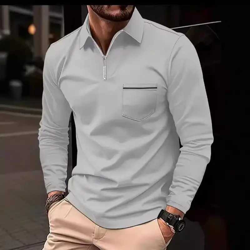 Spring and autumn mens fashionable waffle polo shirt with a vintage long sleeved zipper pocket and a sport top W250414