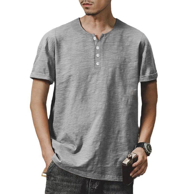 Bamboo cotton summer Henry shirt short sleeved casual American plus size solid color round neck men's T-shirt