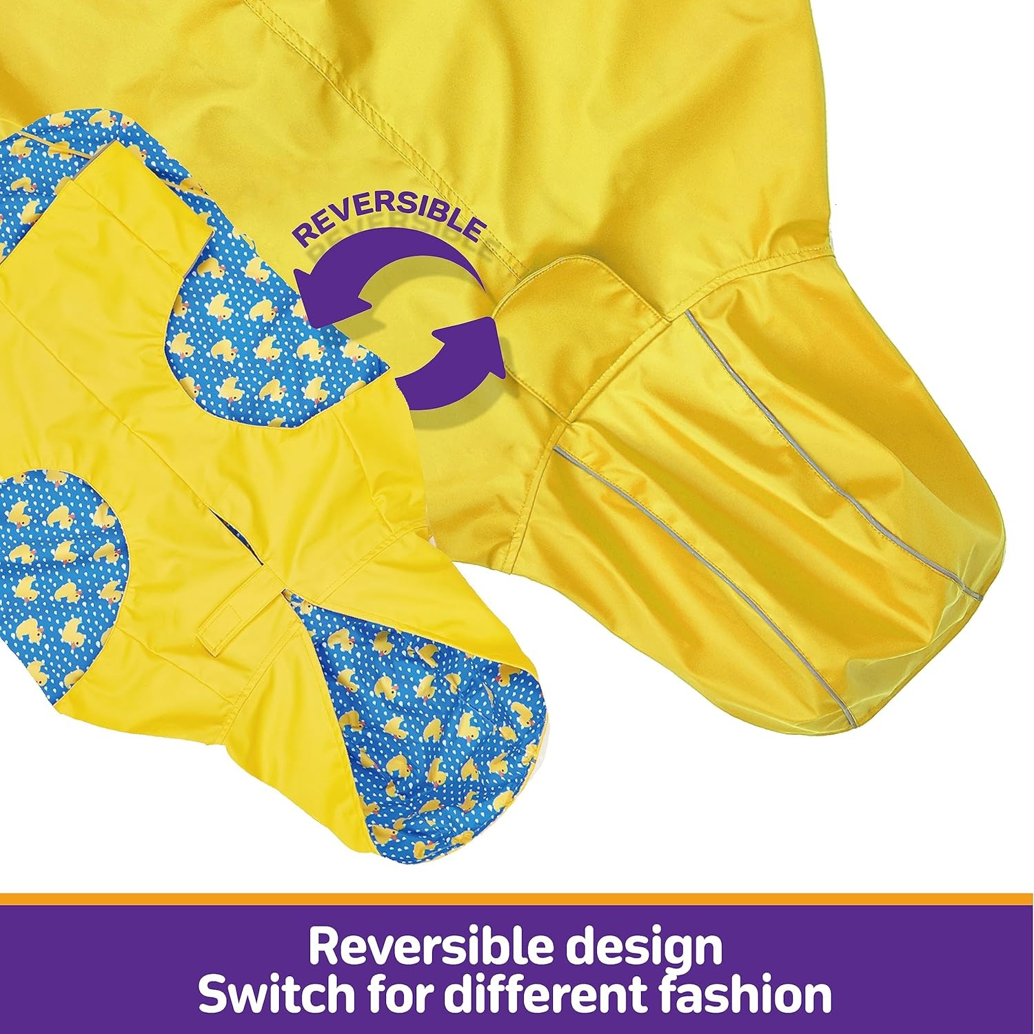 Dog Raincoat Reversible, Single Side Slicker Poncho Adjustable Waterproof Dog Rain Jacket with Leash Hole/Reflective Stripe Hooded Snowproof Windproof