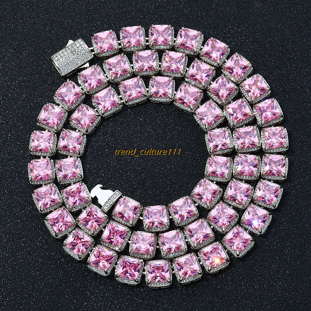 Hip hop 10mm square pink Moissanite rock sugar necklace, accessories, high-end men's necklace