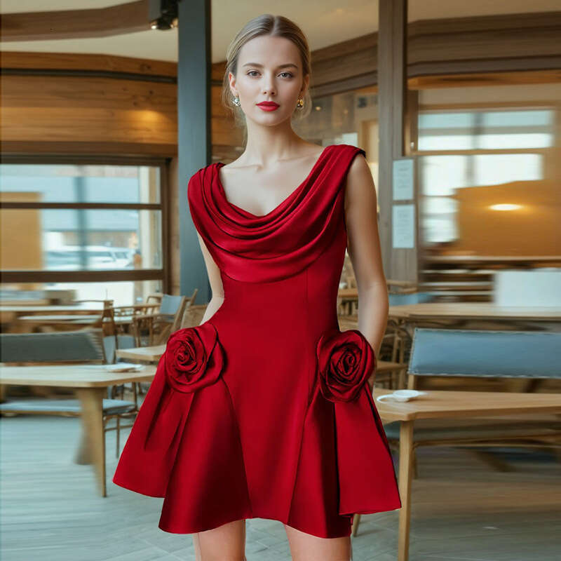 Designer Chic Sleeveless French Skirt with Swing Collar - High Waisted & Three-Dimensional Flowers