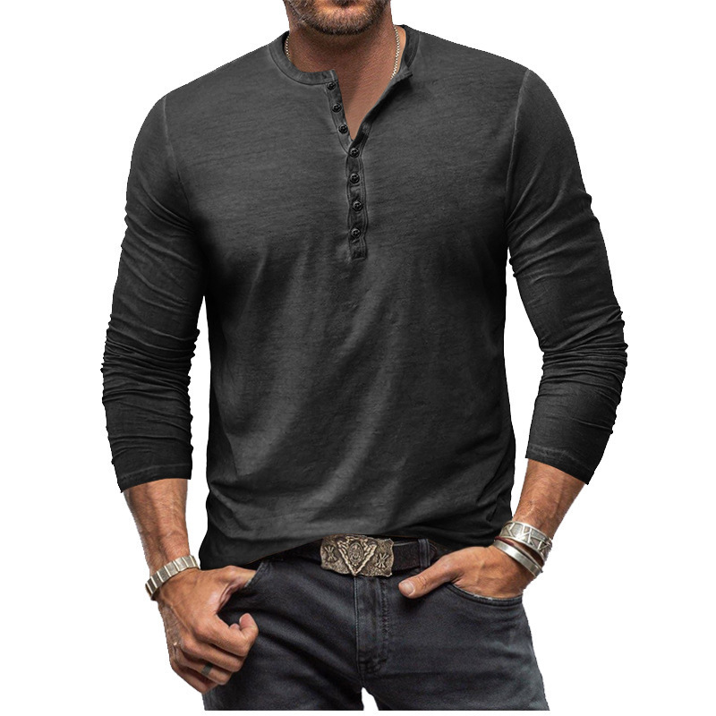 Mens Tie Dyed Henry Slim Fit Long sleeved T-shirt Button Washed Old V-neck Mens T-shirt