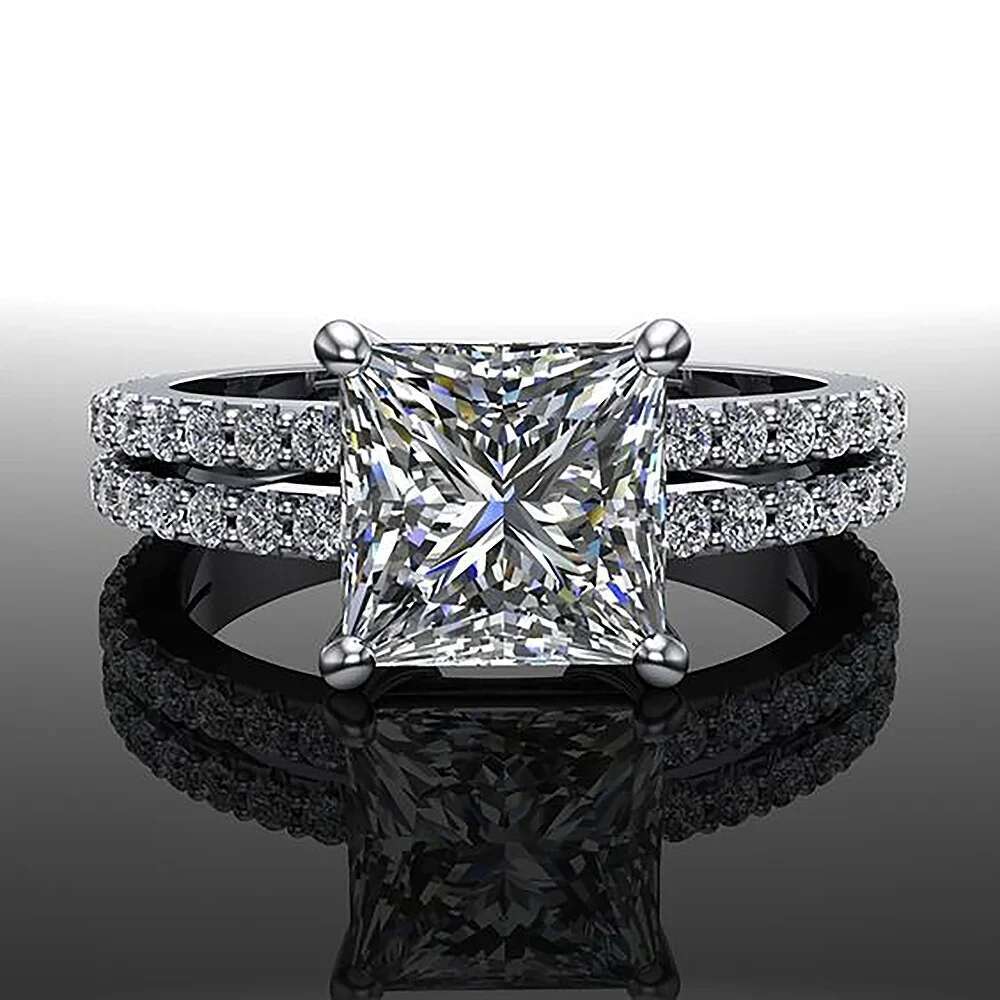 4.6cttw Princess Cut All Moissanite Hidden Halo Rings for Women 925 Sterling Silver Square Diamond Engagement Ring Wedding Band