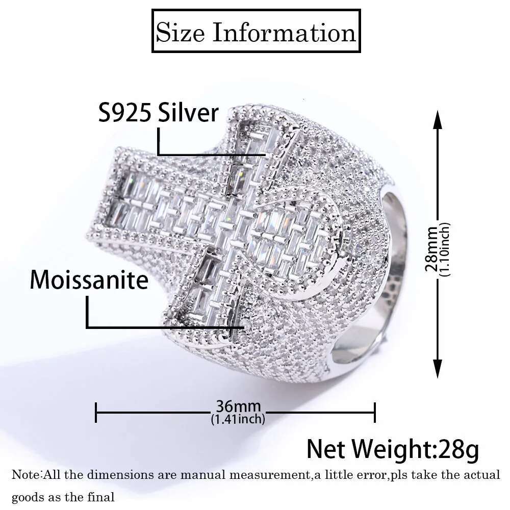 New Arrivals Micro VVS Baguette Moissanite Ring 925 Sterling Silver Hip Hop Rappers Cross Jewelry Bling Cross Ring for Man