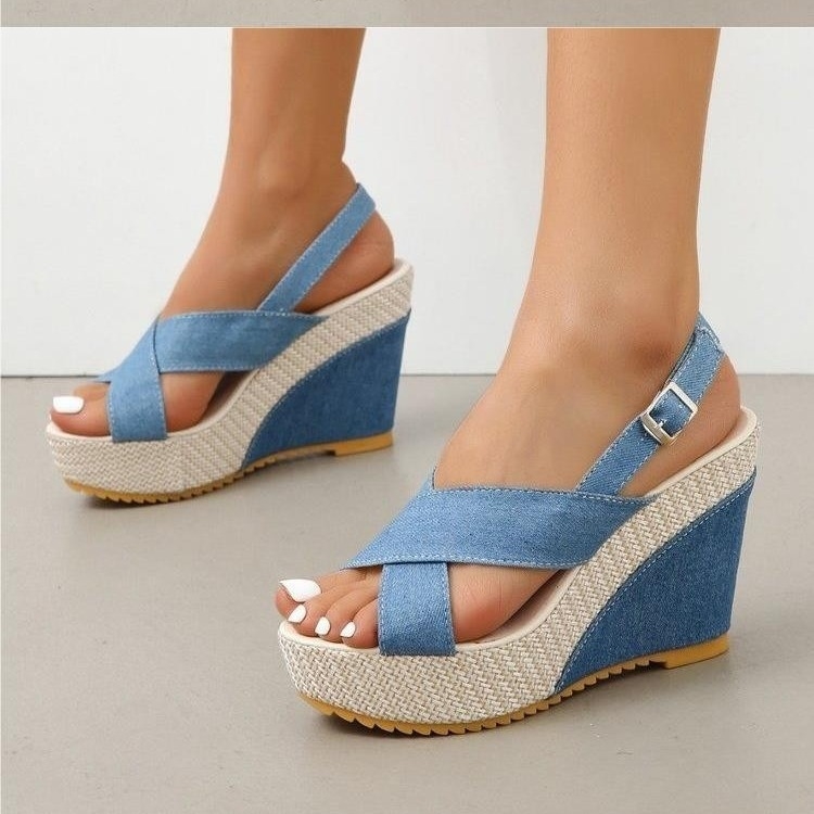 Free shipping Designer new fashion wedge sandals muffin thick sole girl denim cross strap beach slippers Blue Black 35-42