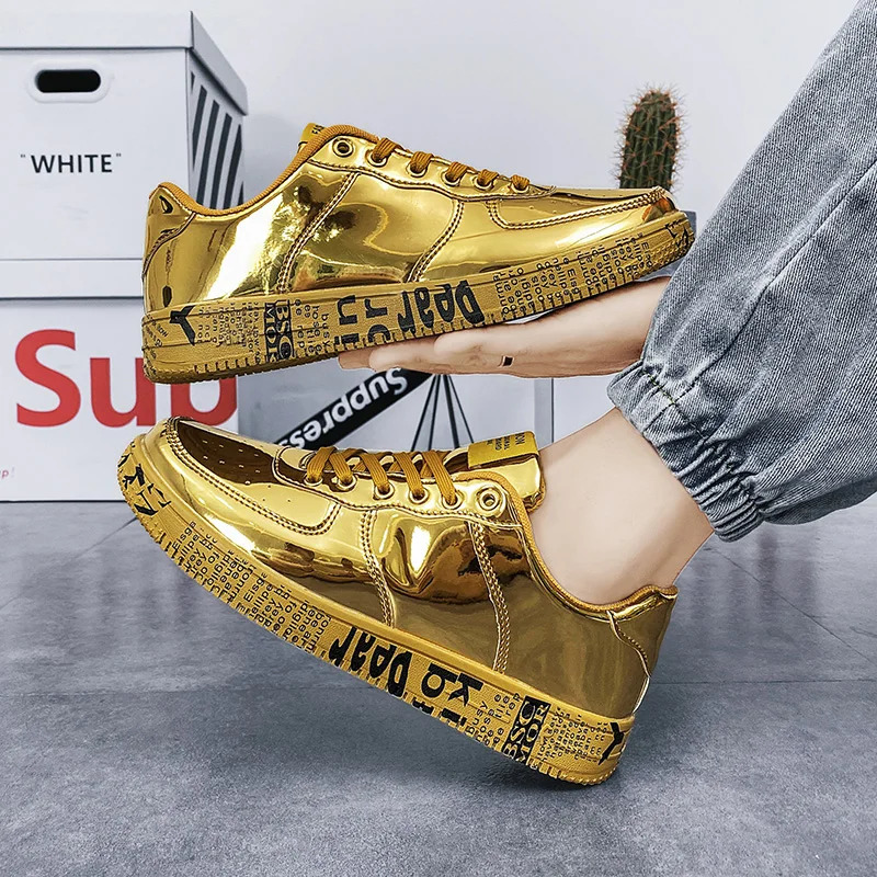 gold sports shoes for couples luxurious casual sparkling sports shoes mens hip-hop street clothing skateboarding shoes mens graphic shoes 250410