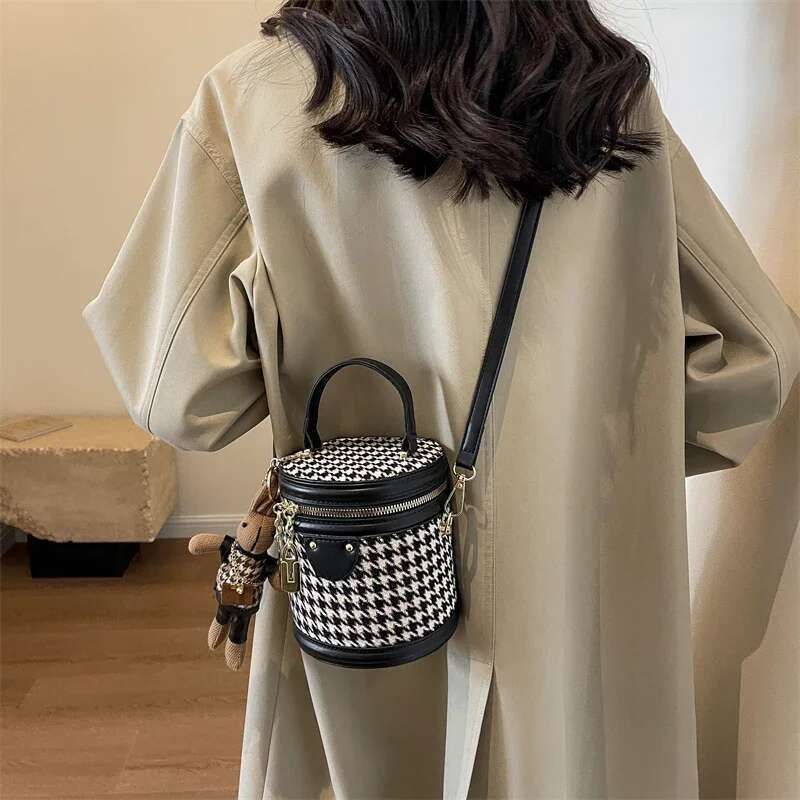 Bucket Plaid Woolen Fashion Designer Small Handbag Female Mini Crossbody Round Cyder One Shoulder Bag