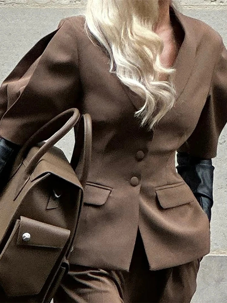 Fashion Short Puff Sleeve Blazer Long Pants Sets Women Spring Single Breasted Suit Jacket Wide Leg Trousers 2 Pieces Outfits 250410