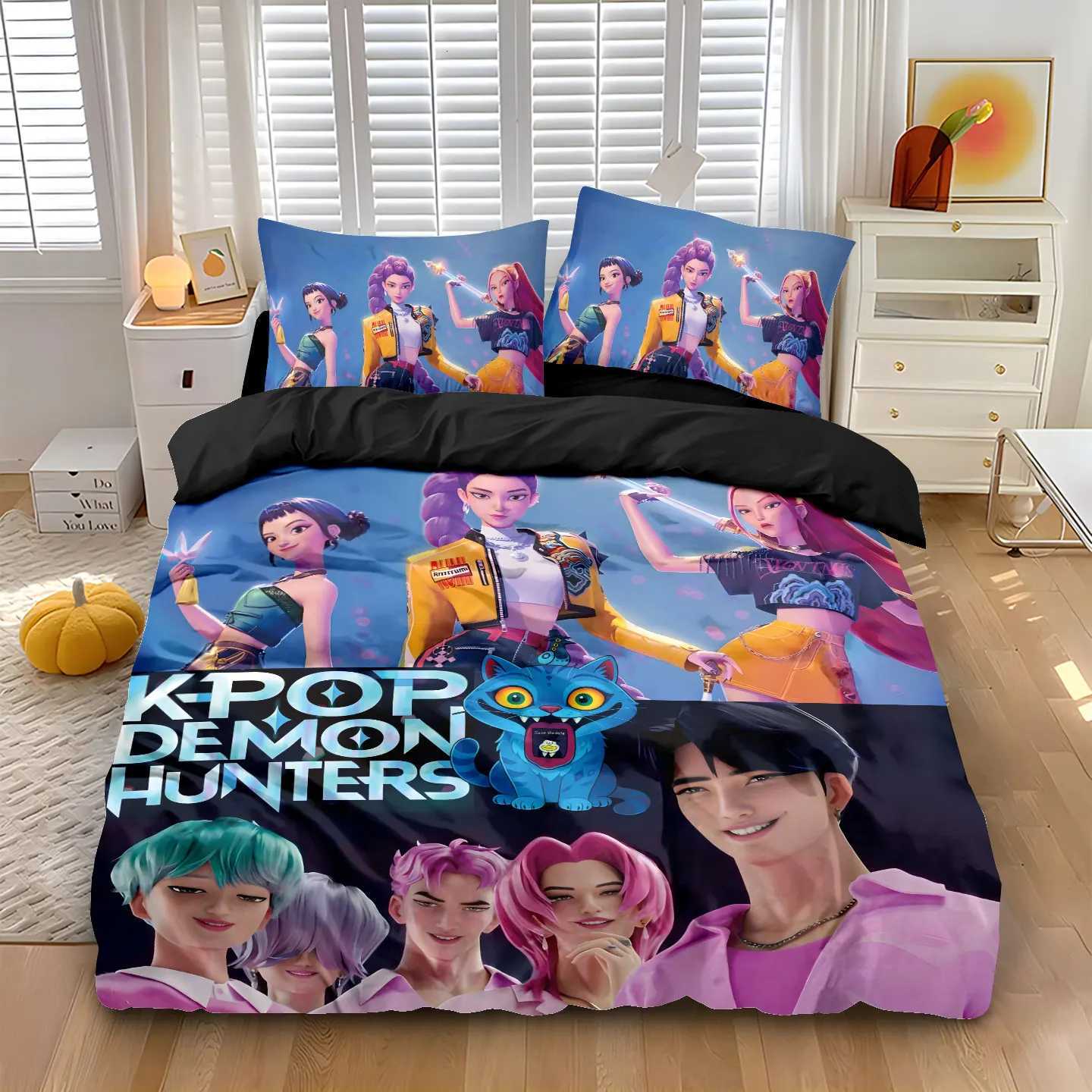 K-Pop Bedding Set Demon Hunters Themed pink or Black other side Print Polyester Student Dormitory Duvet Cover Boys Girls Gift Z251111