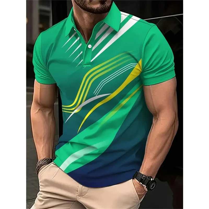 3D printed color striped mens polo shirt with geometric color block pattern mens casual lapel short sleeved top W250414