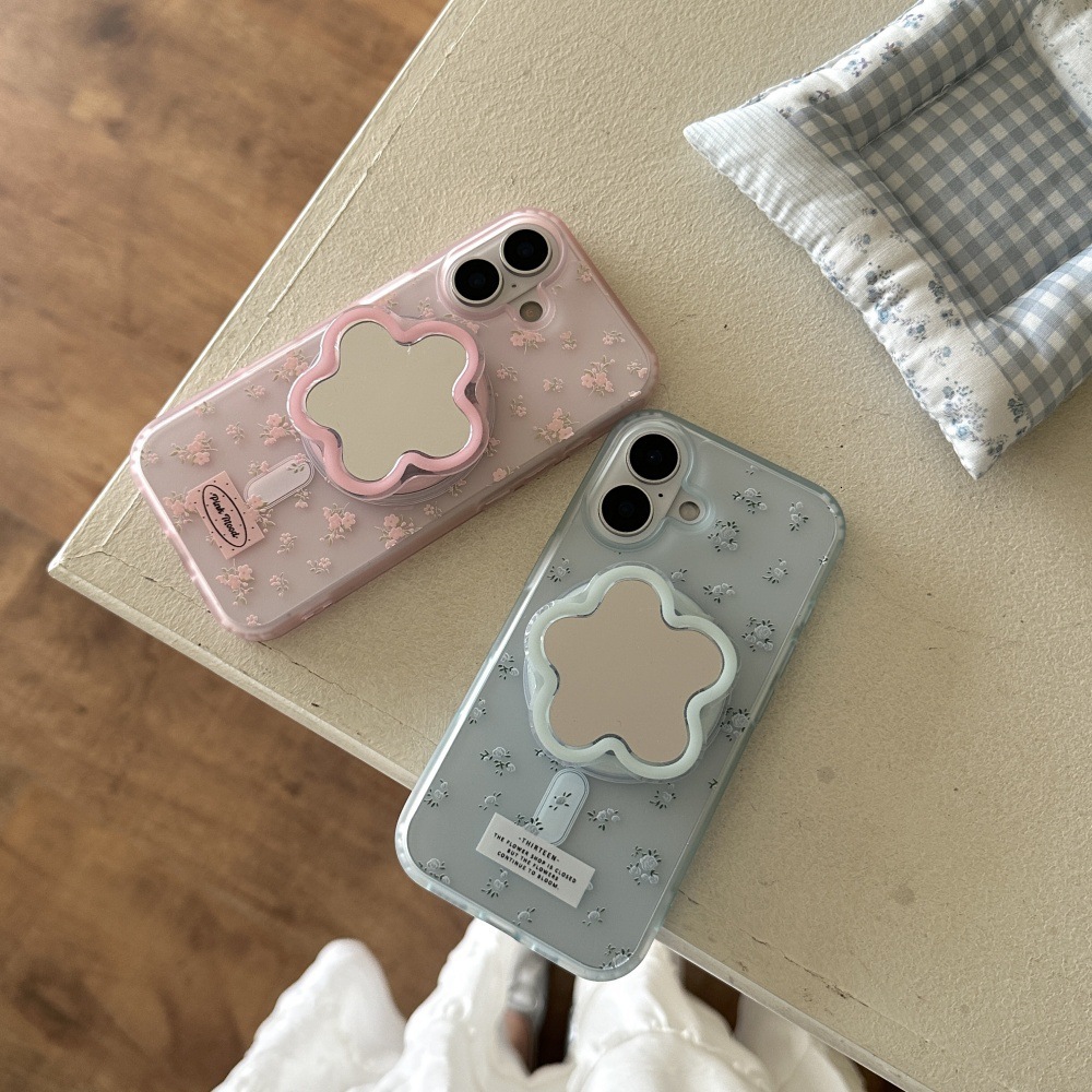 Spring Blue Crushed Flower Phone Case Compatible with iPhone 16/15 Pro Niche Mirror Stand iPhone 14/13 Cartoon