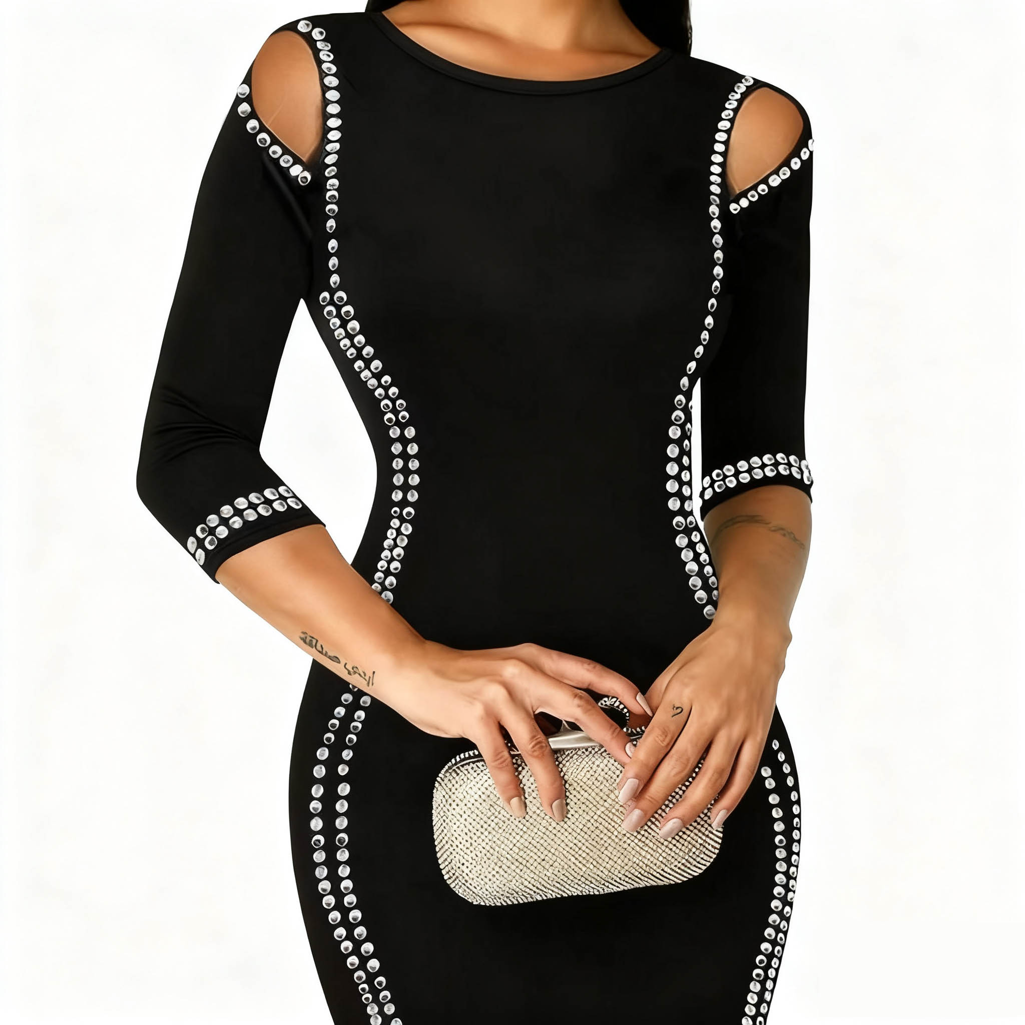 Urban Sexy Dresses Women's Black Rhinestone Embellished Bodycon Dress - Cutout Shoulder 3/4 Sleeve Slim Fit Midi Dress, Elegant Evening Party Coc