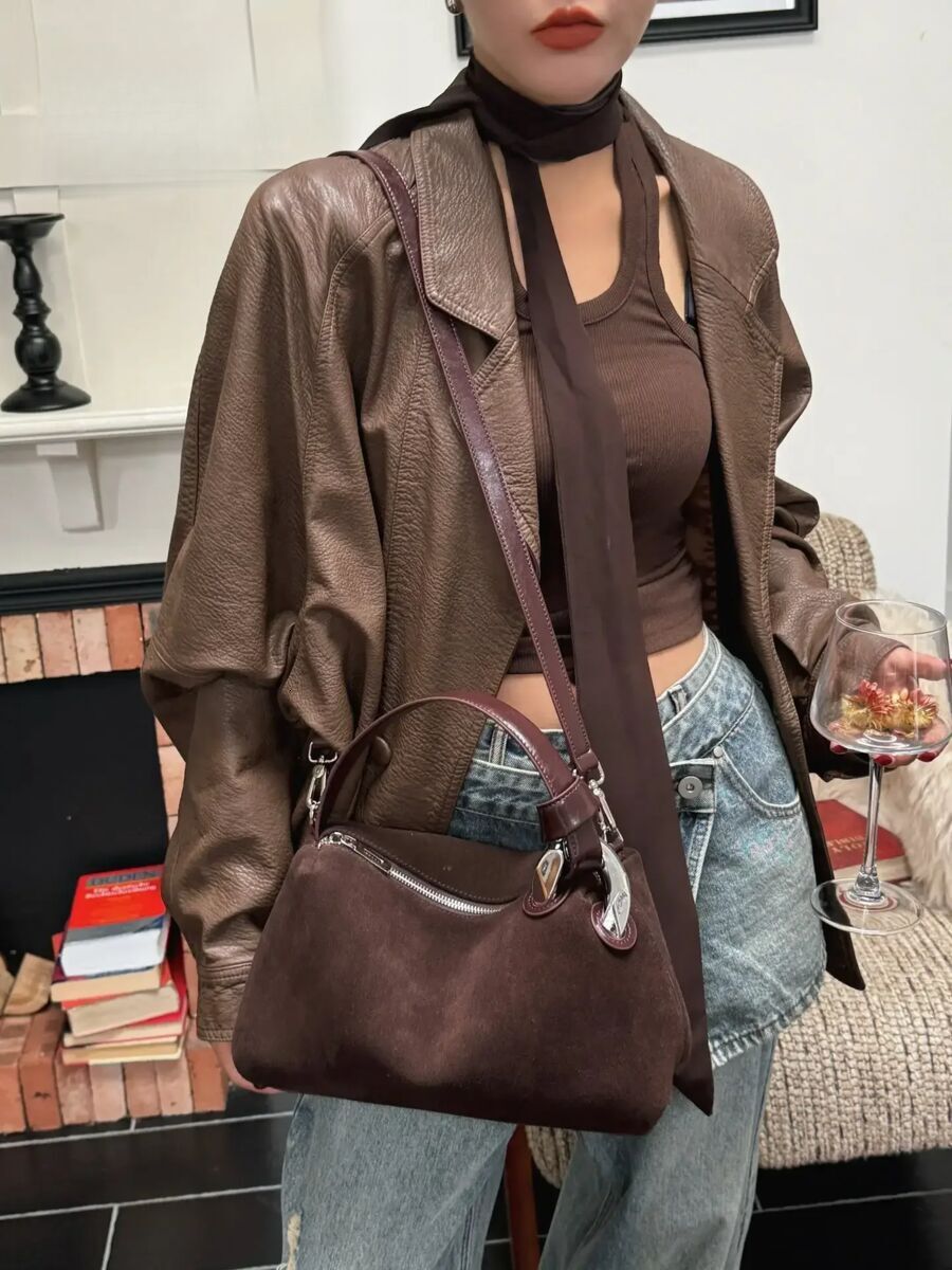 Designer bag handbag women's frosted suede leather high-quality brown coffee single shoulder crossbody bag red