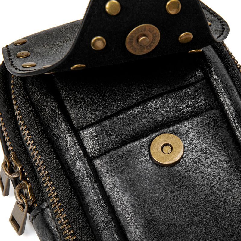 New European And American Rivet Black Leather Textured Small Square Bag, Outdoor Travel Phone, One Shoulder Crossbody, Personalized Women's Bag