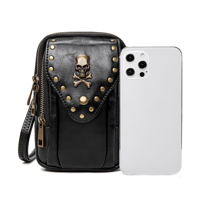 New European And American Rivet Black Leather Textured Small Square Bag, Outdoor Travel Phone, One Shoulder Crossbody, Personalized Women's Bag