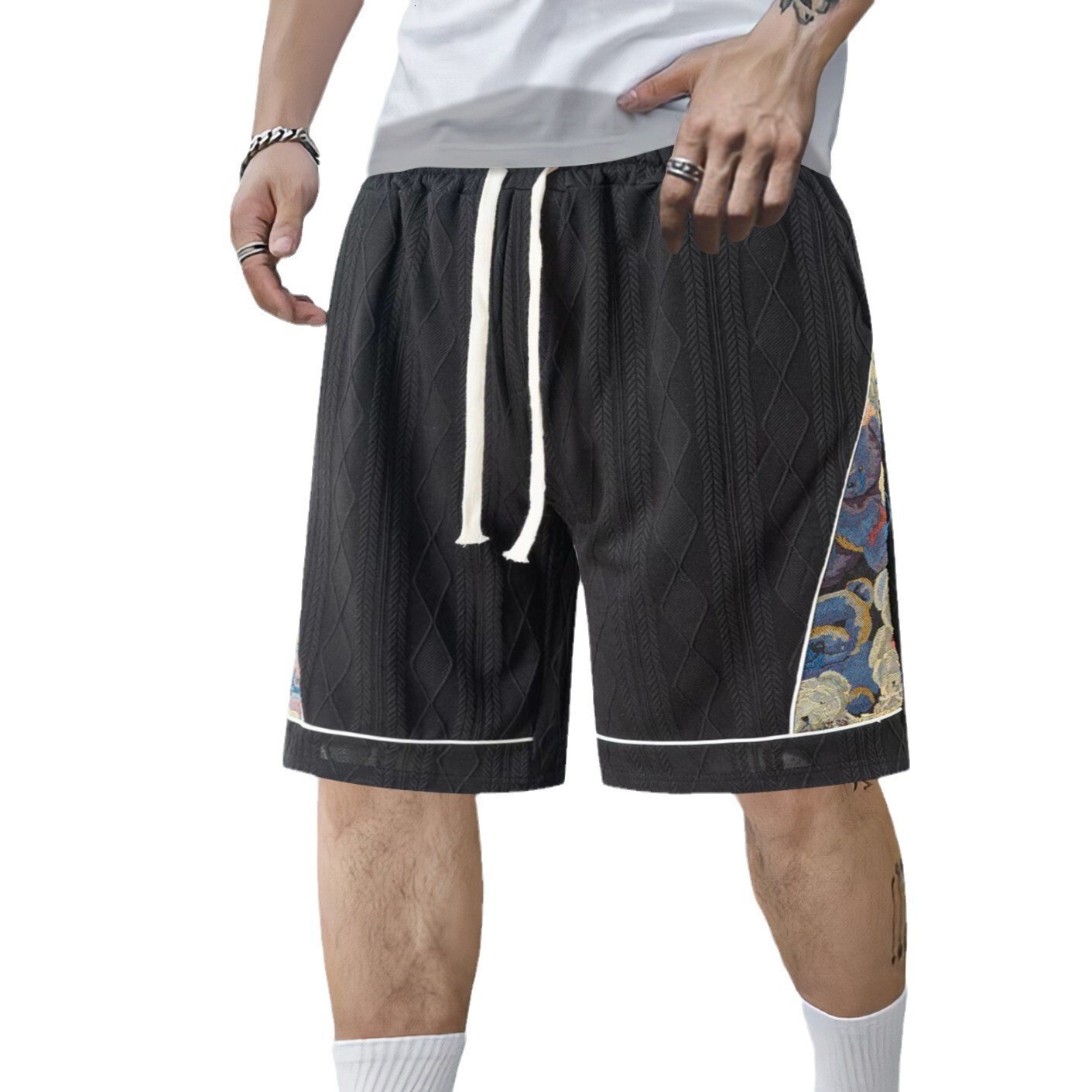 2025 Summer New Casual Jacquard Color blocked Men's Pentagram Shorts