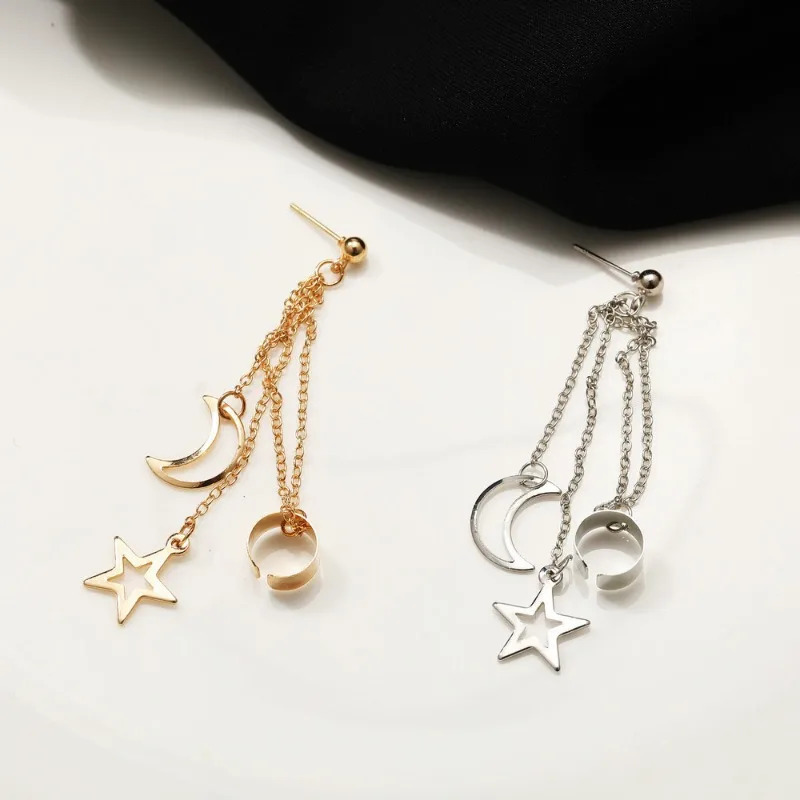 Fashion Hip Hop Chain Tassel Star Moon Pendant Clip on Earrings No Piercing Earrings for Men Women Punk Rock Party Accessories 250411
