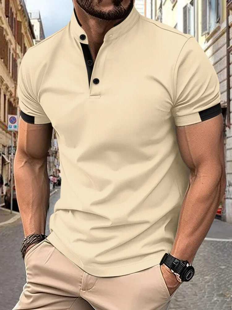 2024 Mens New Polo Shirt Summer Mens Stand up Collar Button Casual Short Sleeve T-shirt Top W250414