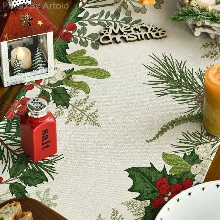 Christmas 1 Christmas Holly Pine Cone Table Runner Festive Greenery Red Berry Print for Holiday Dining Table Decor Cheerful for Christmas Y251113