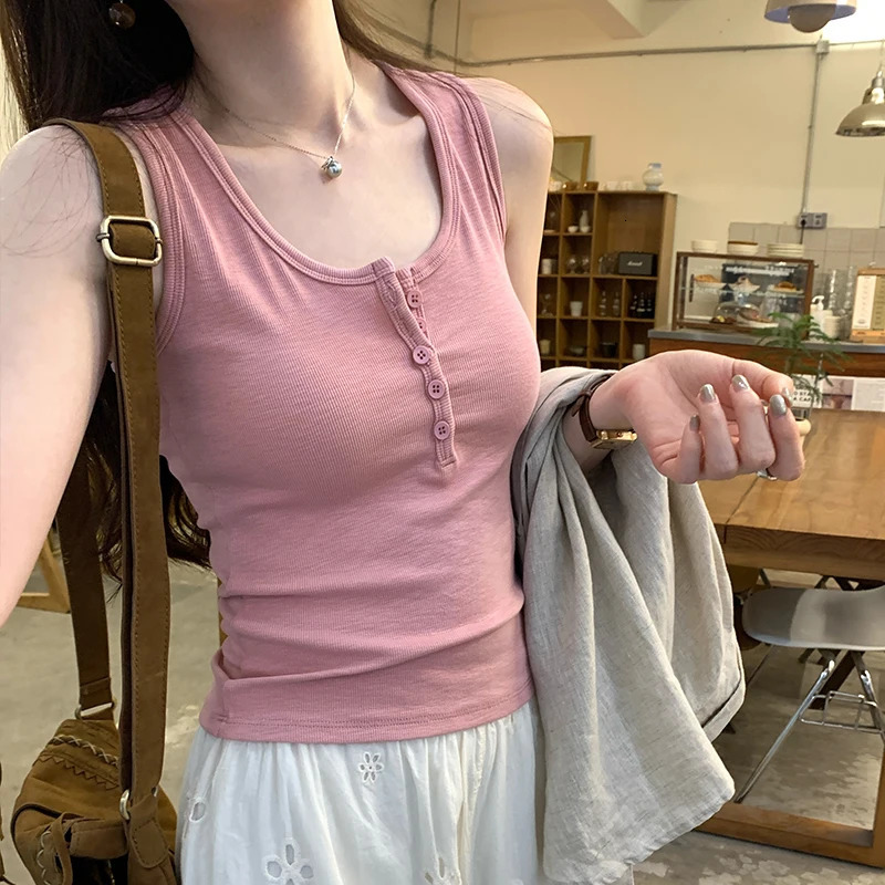 AOSSVIAO 2025 Womens Solid Round Neck Lace Button Tank Top Summer Basic Elastic ONeck 250414Z