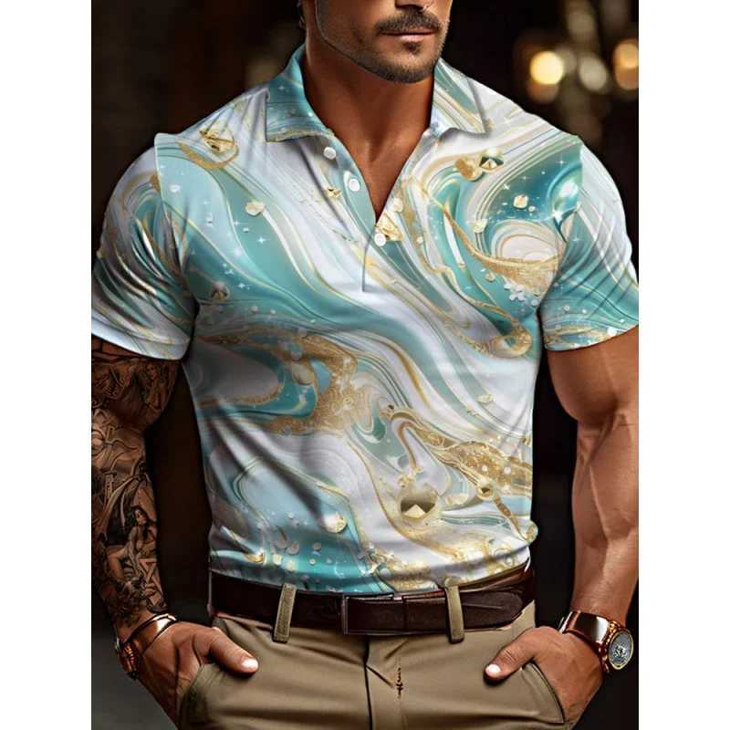 3D printed color geometric polo shirt mens luxury texture pattern T-shirt casual lapel top loose short sleeved street T-shirt W250414