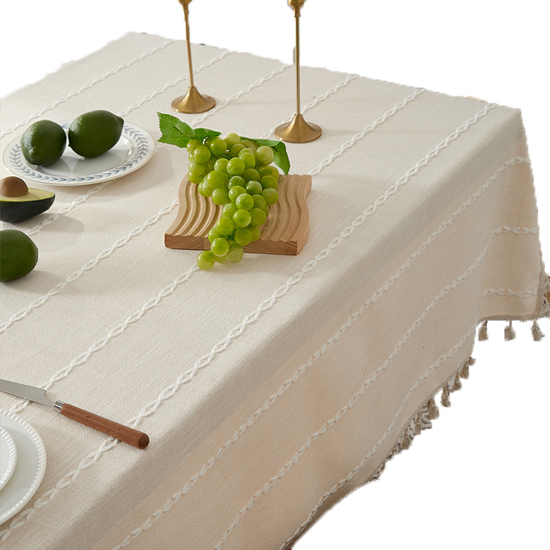 Coffee-colored tassel tablecloth, rustic cotton and linen fabric, clear rectangular tablecloth, coffee table mat PMVF01