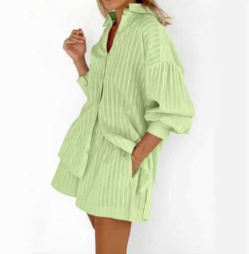 Womens Fashion Two Piece Set Set Striped Bubble Sve Shirt+Horses Comting Design Casual SetXJ250414