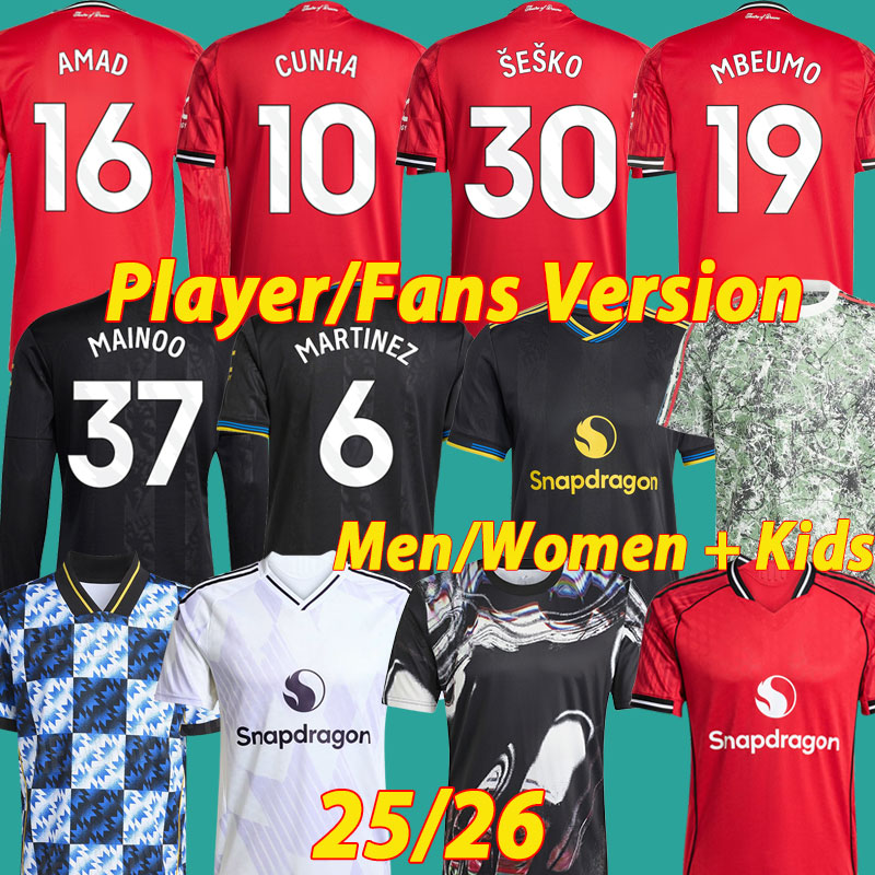 25 26 MAINOO SESKO soccer jerseyS Stone Roses GARNACHO CUNHA ZIRKZEE 2025 2026 B. FERNANDES Kids MAN football shirt kit Long Sleeve MUTDES MBEUMO Fans Player 3XL 4XL