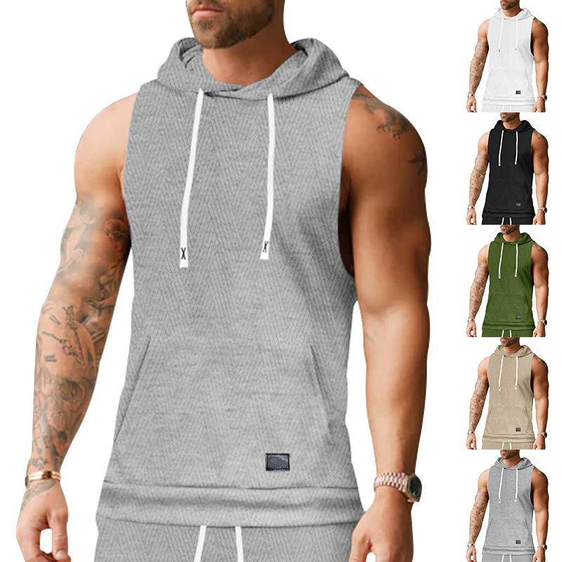 2025 men's casual European size summer jacquard knitted hooded sweatshirt sleeveless T-shirt patch pocket drawstring vest
