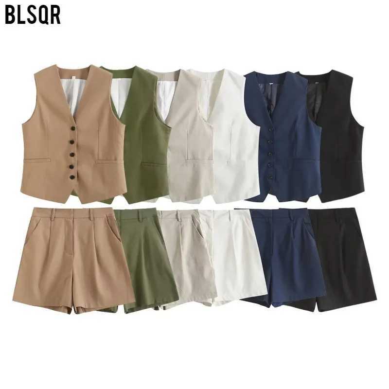 Retro linen office womens suit V-neck vest jacket Comter wide leg shorts fashion 2024 summer retro 2-piece workwearXJ250414