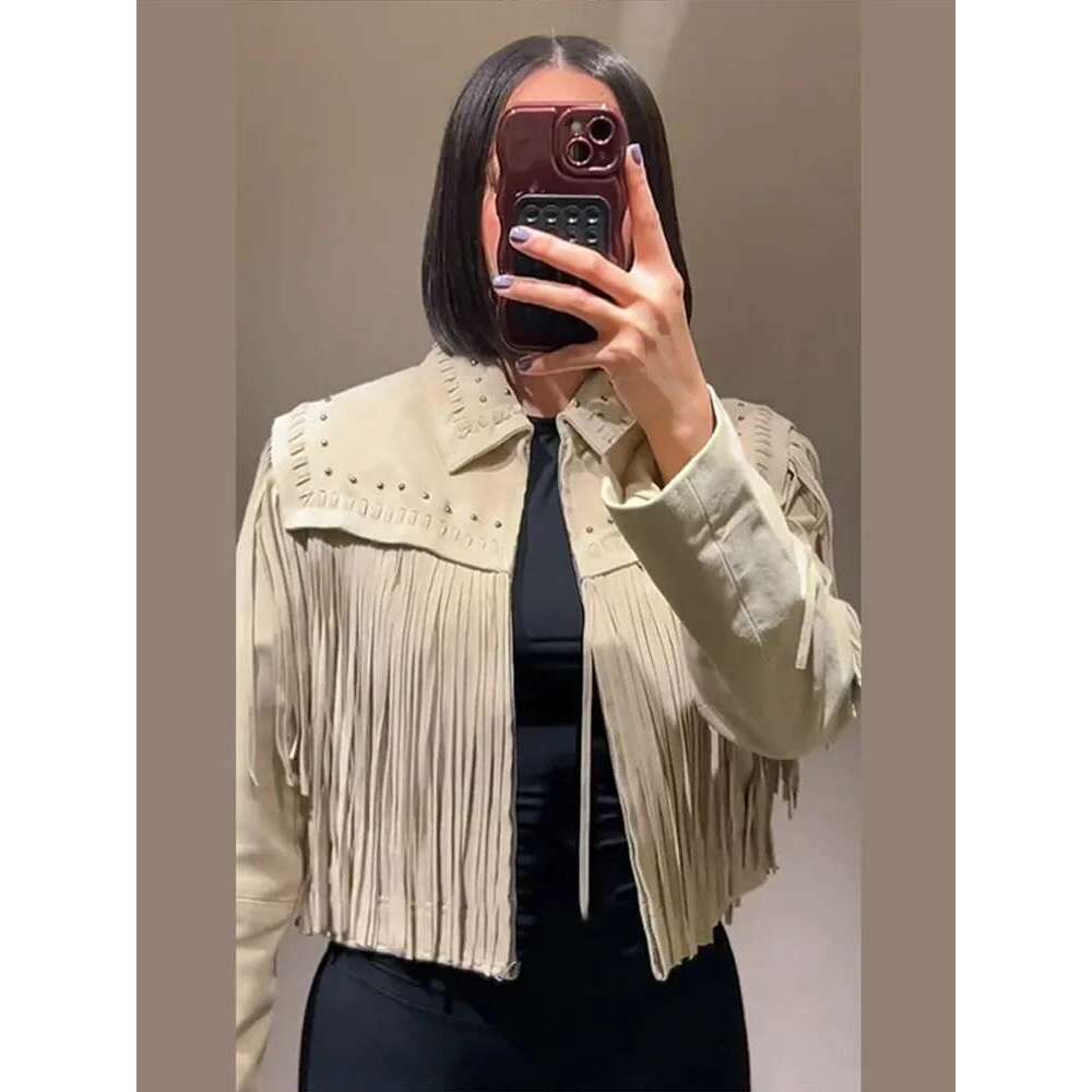 Tassel Suede Jacket Cardigan Coat Fringe Woven Retro Casual Lapel Collar Slim Fit Fashion Street Women Short Outwear Top Spring