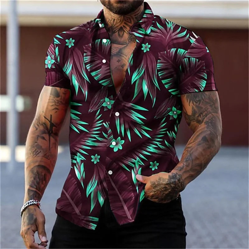 Mens black and gold flower shirts Summer plant print lapel shirt Hawaiian style beach short sleeved button up 250414