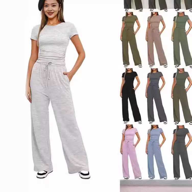 Womens two-piece summer short Sve pleated top with wide legs ultra-thin fashion yoga sportswear matching womens Trouser setXJ250414