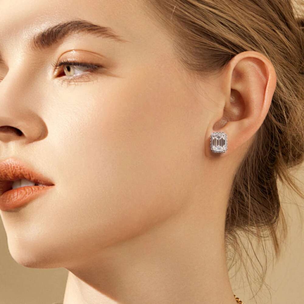0.5/1/2ct Emerald Cut Halo Moissanite Diamond Stud Earrings 925 Sterling Silver Plated 18k Gold Earring Fine Jewelry for Women