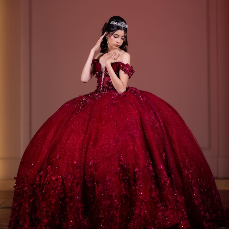 Red Shiny Princess Quinceanera Dresses Off Shoulder Bow Beading Crystal Tull Corset Sweet 16 Dress Ball Gown Vestidos 15 De Anos
