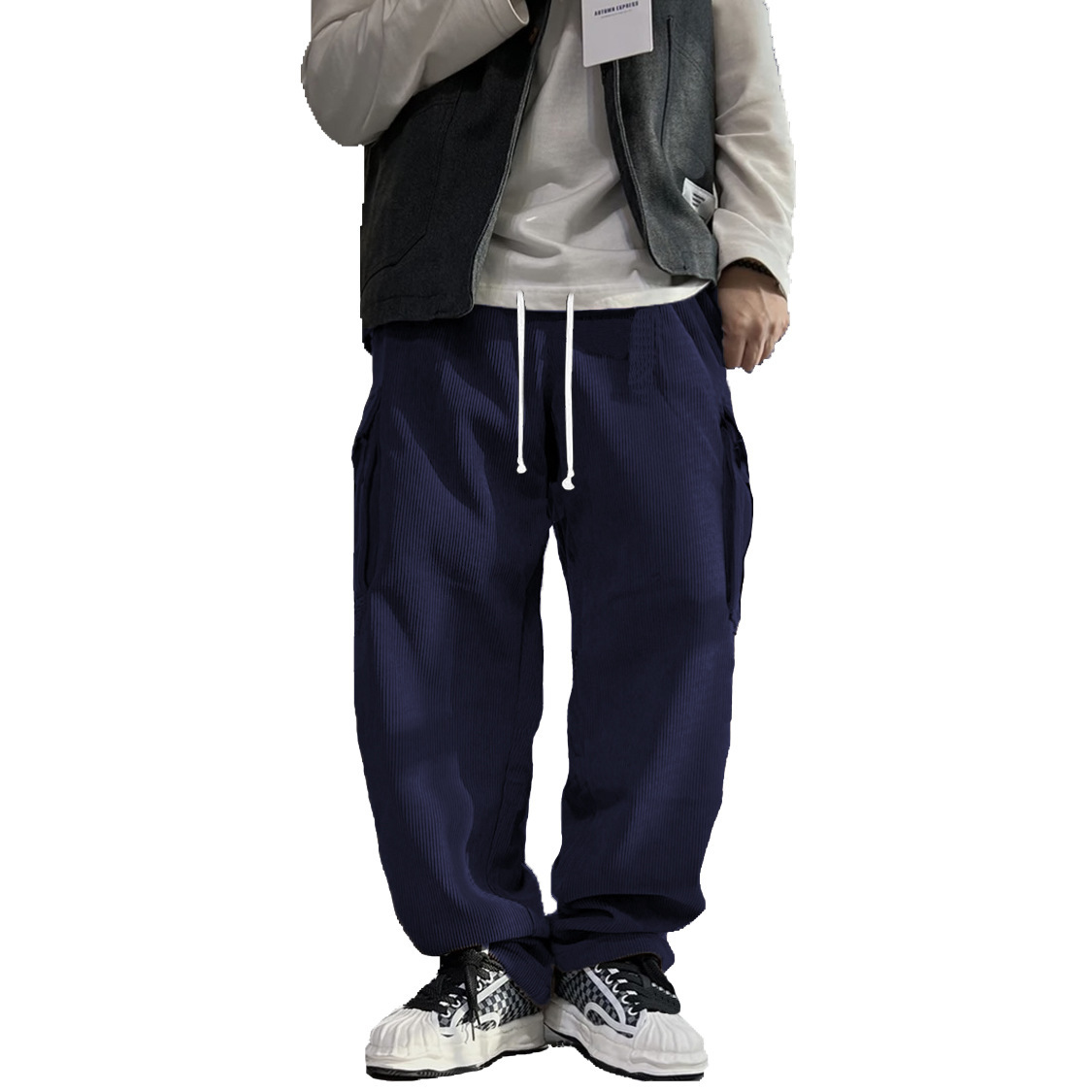 New corduroy multi pocket workwear pants, spring and autumn wide tube casual men's pants
