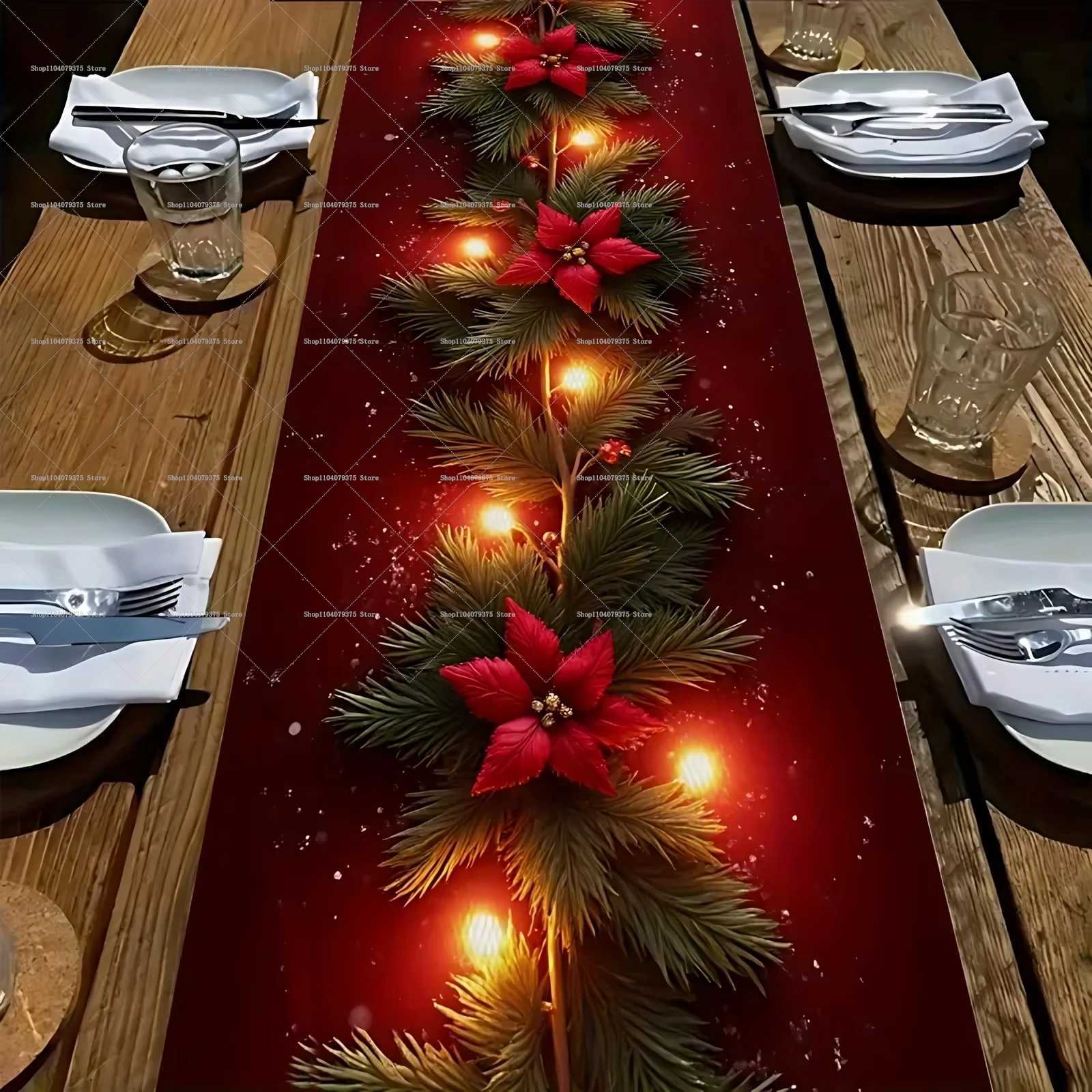 Christmas Luminous Christmas Flower Pine Branch Table Runner Red Background Printed With Lighted Pine Branches And Poinsettia Pattern Y251113