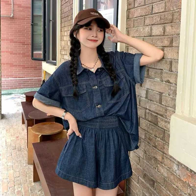 Summer shorts set retro denim shorts Sve shirt thin cardigan womens loose casual shorts two-piece set womens clothingXJ250414