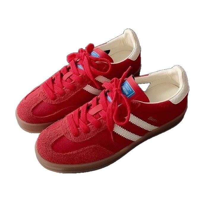 Leather vintage red German training shoes Women's fashion lace-up flat casual skates sports Gump shoes Red 35-40 free shipping
