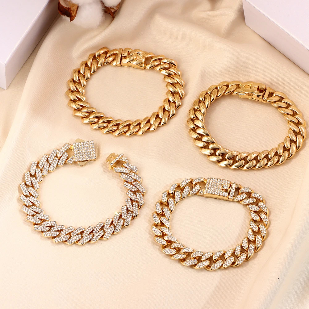 Women Cuban Chain Bracelet HipHop Bling Iced Out Chain Gold Silver Color Rhinestone Paved Chunky Metal Bracelet Men Jewelry Gift 250414