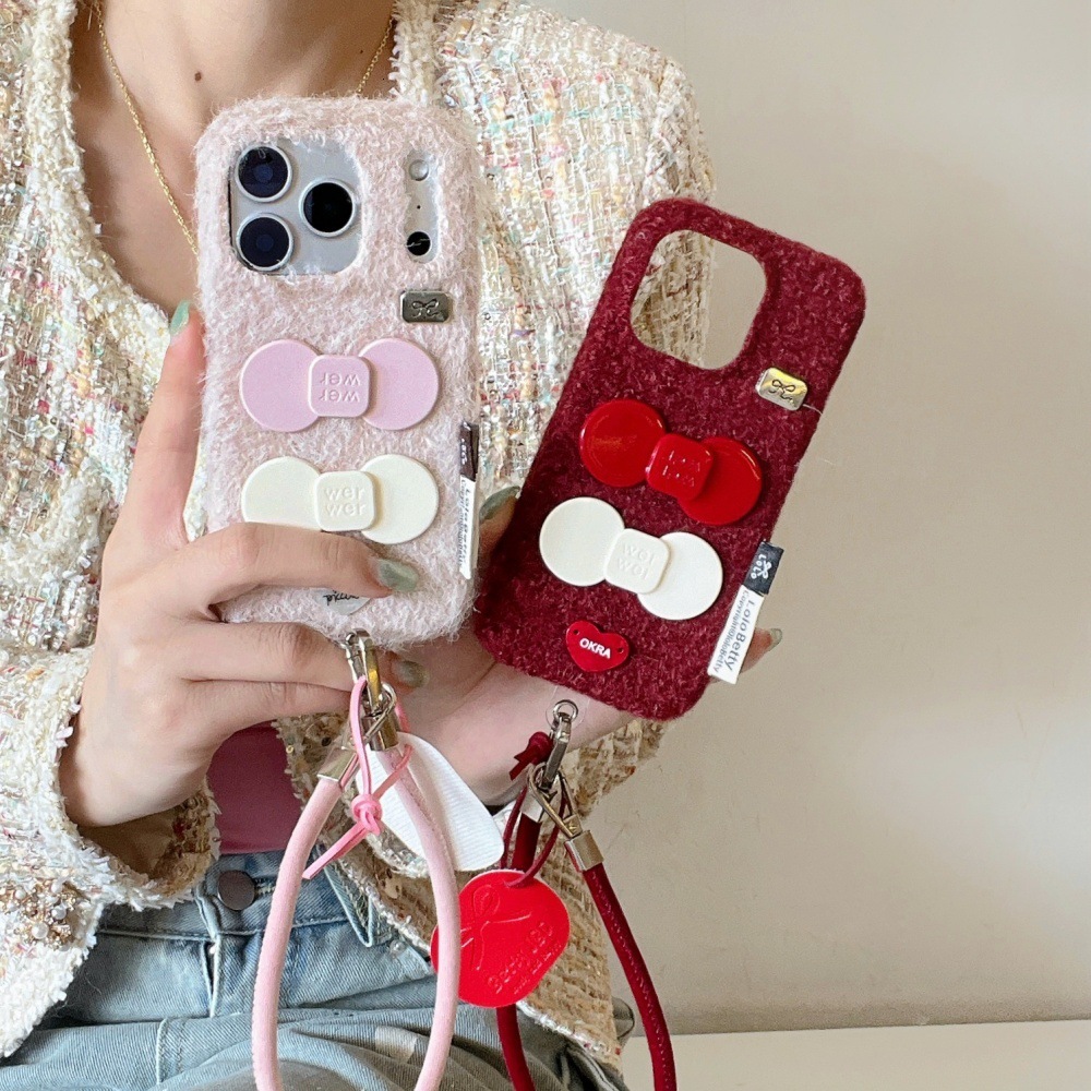Velvet Bow Phone Case Suitable for iPhone 17 Pro Max Solid Color Lanyard Protective Cover iPhone 16/15 Pro