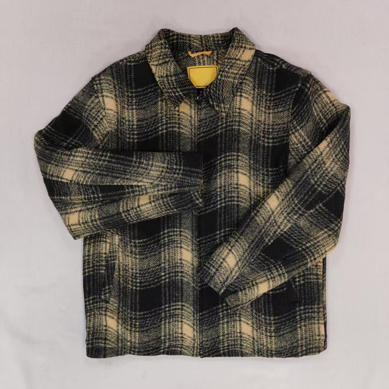 Men's Plaid Quilted Tweed Zip-up Jacket Black and Yellow Shirt style Lined Filled Loose Coat for Casual Streetwear