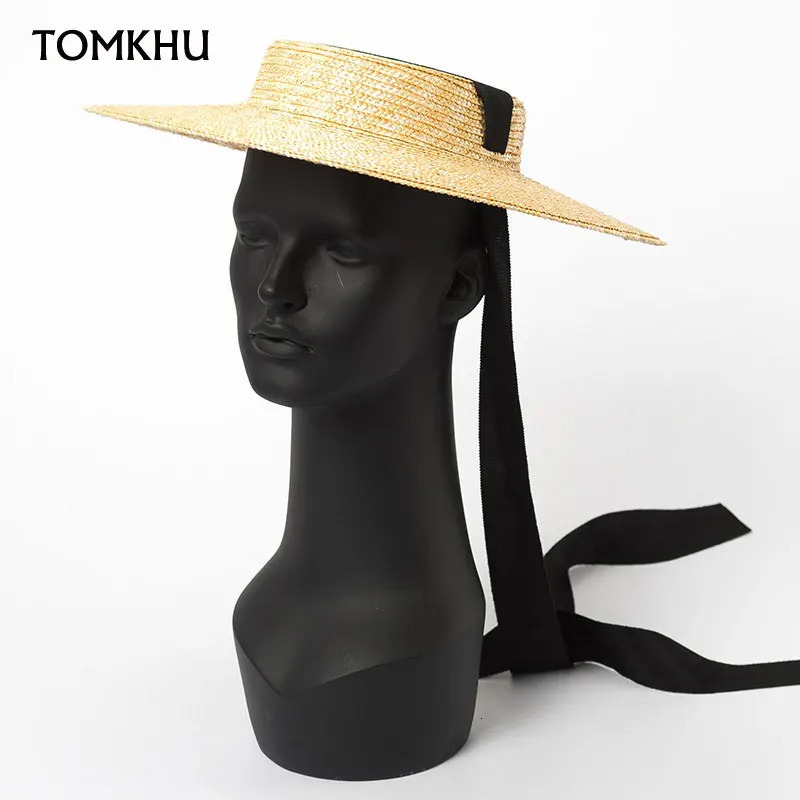 Wide Brim Sun Hats 15cm Brim Boater Straw Hat Flat Women Summer Derby Chapeau Hat White Black Ribbon Tie Sunscreen Beach Cap 250408