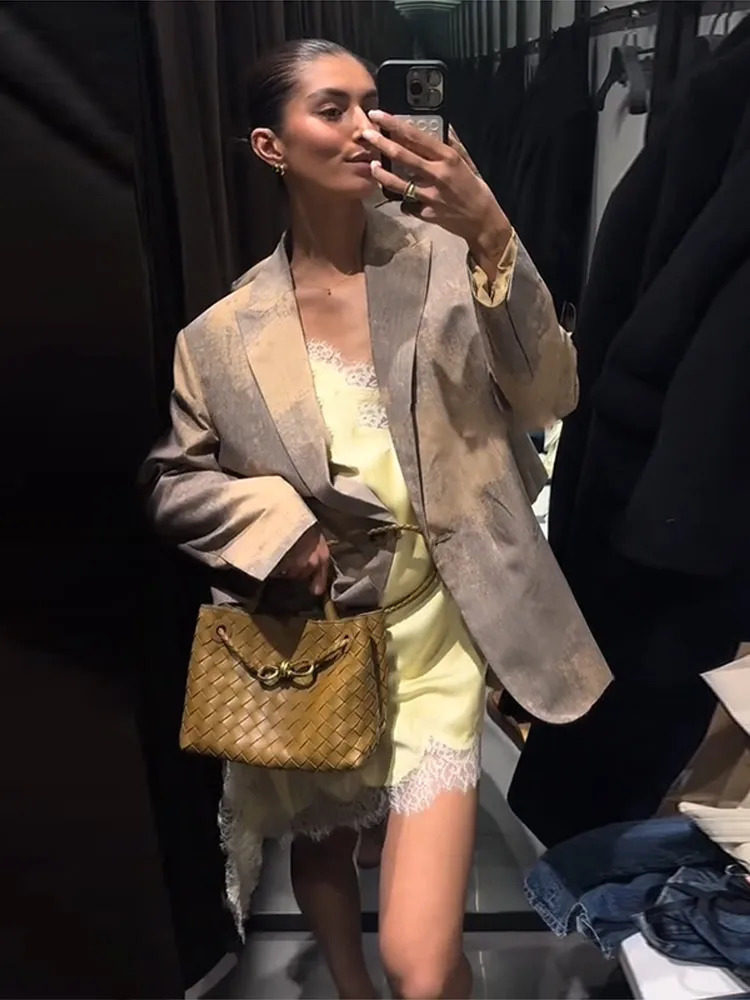 Retro printed lapel suit jacket for women fashionable street loose single button spring casual 250414Z