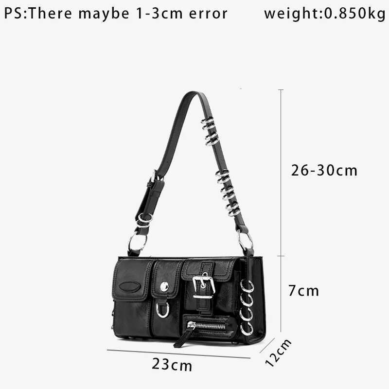 MABULA Multi-Pocket Underarm Tote Handbag Solid Black Y2k Cool Girl Metal Ring Phone Purse Women's Fashion Vintage Shoulder Bag