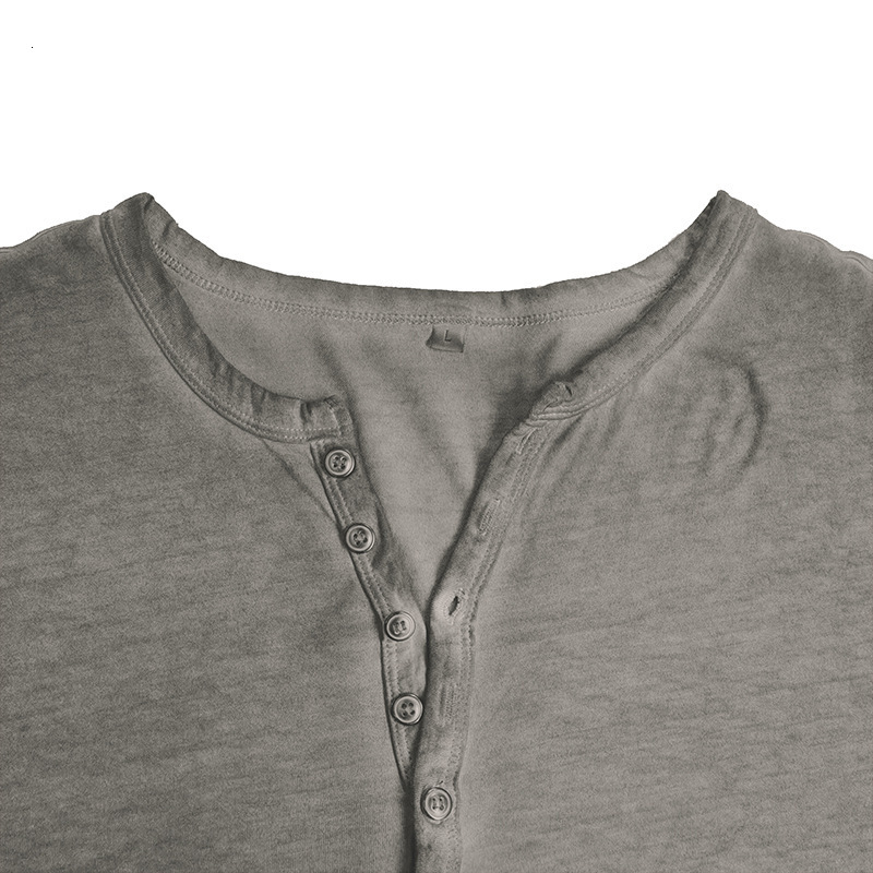 Mens antique henley shirt long sleeved T-shirt Mens button washed worn V-neck T-shirt shirt