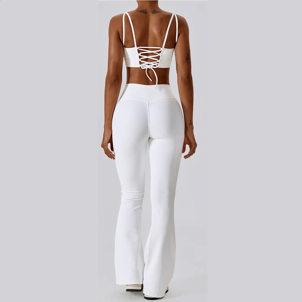 Women Soft Compression Elastic V Cut Ribbed Dance Flare Pants and Bra Set New Solid Color Gym Fitness Yoga Set 250414
