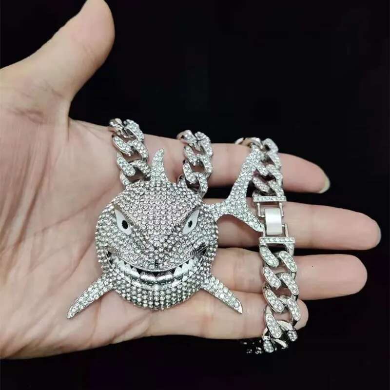 Big Size Shark Pendant Necklace For Men Hip Hop Bling Jewelry With Iced Out Crystal Miami Cuban Chain fashion jewelry