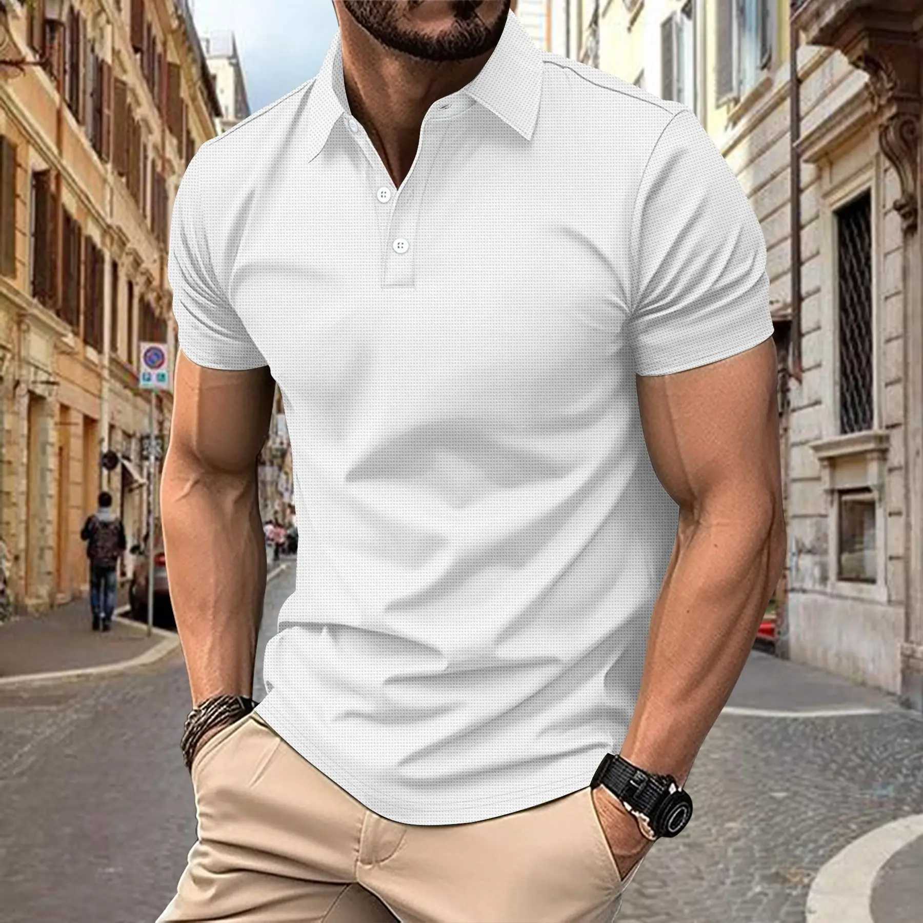 Mens T-shirt Classic Short Sleeve Polo Shirt Summer Top Casual T-shirt Buckle Neck Comfortable Casual Polo Shirt W250414