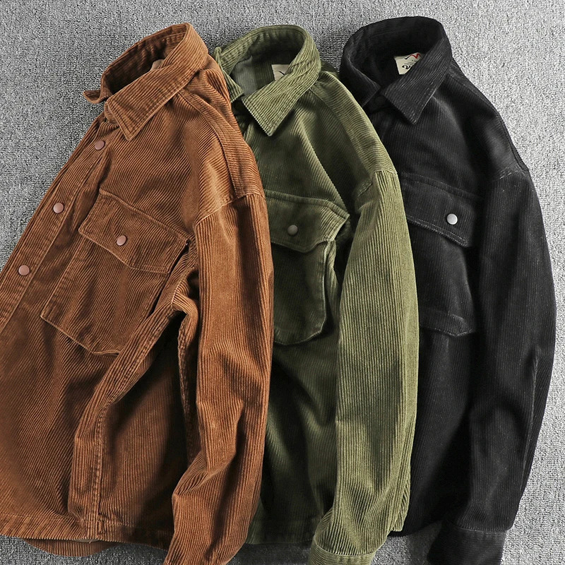 Autumn and winter thick washed Corduroy long sleeved shirt mens retro trend cargo large pocket solid color casual jacket 250411